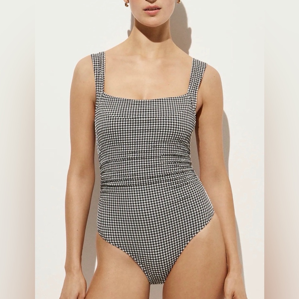 J CREW Nia ruched squareneck one-piece in gingham size 12